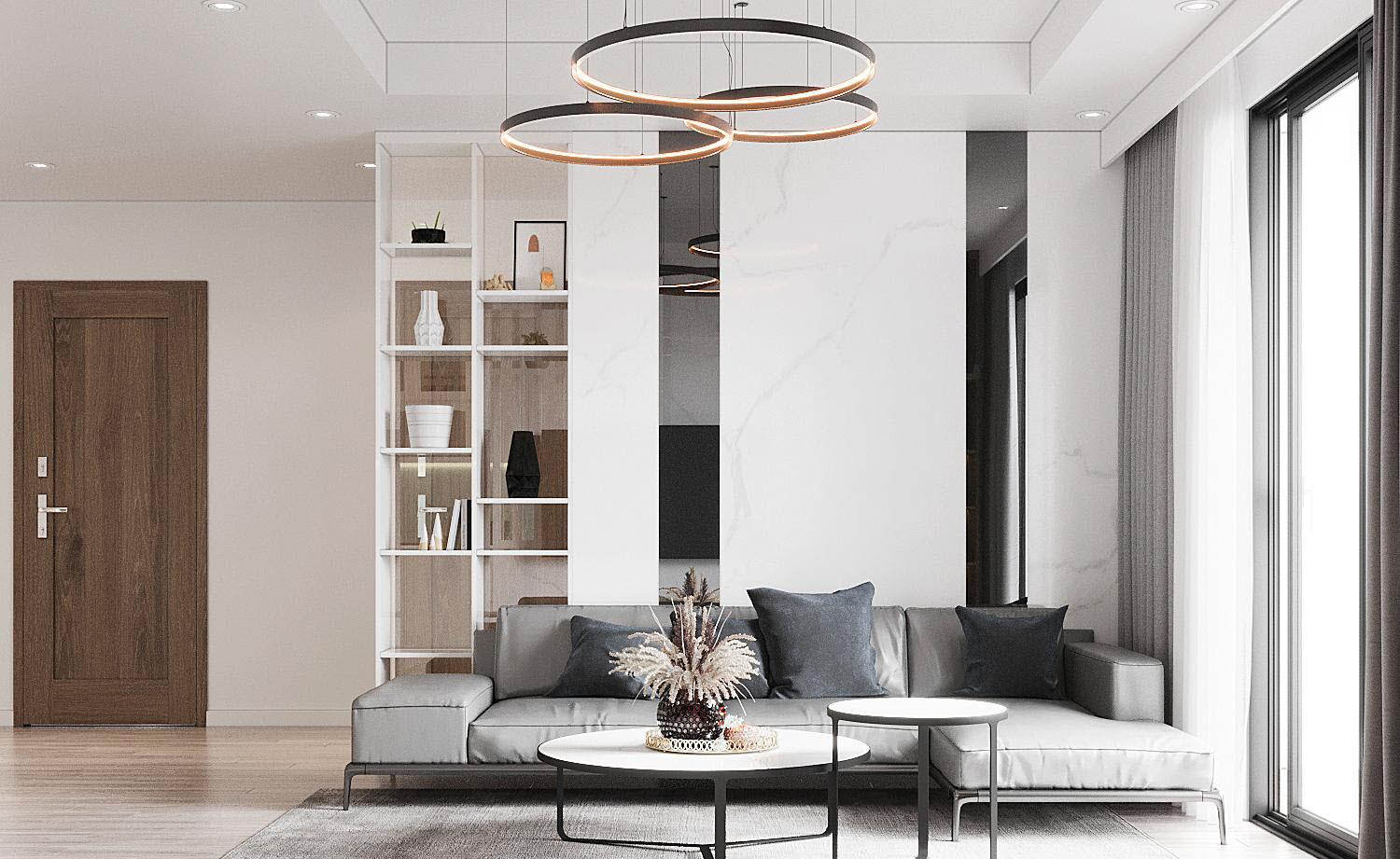 phòng khách căn hộ 3 phòng ngủ màu trung tính nhẹ nhàng