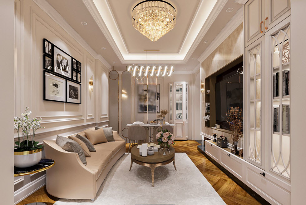 Kiến trúc sư cải tạo nội thất nhà phố 85m2 theo phong cách Tân cổ điển với bảng màu trung tính nhẹ nhàng, tinh tế, gây thiện cảm ngay từ ánh nhìn đầu tiên.
