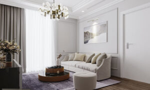 Bước chân vào căn hộ này, hẳn bạn sẽ bị hút mắt bởi không gian phòng khách thanh lịch, ngập tràn ánh sáng tự nhiên. Tông màu trắng ngà của tường, trần và đồ nội thất chính làm nền cho bộ bàn trà tròn sẫm màu trở thành điểm nhấn nổi bật.