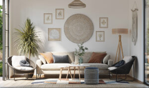 Bức tường trưng bày trong phòng khách với những bức tranh lá cây đậm chất Boho. Ghế sofa màu xám phong cách Scandinavian tạo nên sự đồng điệu nhẹ nhàng cho việc thể hiện các tông màu tự nhiên.