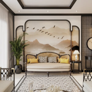 Phòng khách biệt thự sử dụng nội thất đậm chất Đông Dương. Tranh tường gợi cảm giác bình yên khi được về nhà nghỉ ngơi, thư giãn sau một ngày làm việc vất vả.