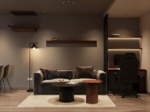 phòng khách nhỏ với ghế sofa màu xám, bàn trà hình trụ độc đáo