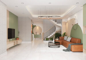 phòng khách phong cách Color Block với ghế sofa màu nâu, tường điểm nhấn màu xanh lá cây