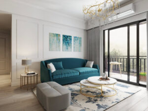 phòng khách căn hộ 93m2 với ghế sofa màu xanh lam